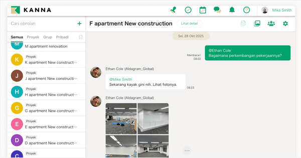 Antar muka komunikasi tim proyek menggunakan Kanna proyek manajemen menampilkan thread list dan diskusi chat outer wall dengan dokumentasi foto progress.