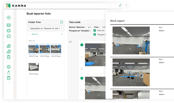 Dashboard laporan kerja konstruksi menampilkan timeline proyek dan dokumentasi foto progress pembangunan.