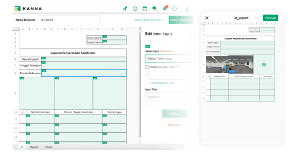 Template KANNA Report menampilkan format laporan konstruksi dengan form input, tabel data, dan section dokumentasi foto.