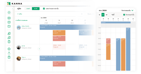 ฟังก์ชันปฏิทิน KANNA สามารถตรวจสอบตารางเวลาที่ตนเองและสมาชิกในทีมลงทะเบียนไว้ได้ทุกที่ทุกเวลาผ่านแอปพลิเคชันบนสมาร์ทโฟนได้ทันทีด้วยโปรแกรมจัดการงาน โปรเจค โครงการ KANNA