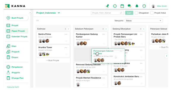 Antar muka Kanna proyek manajemen menampilkan semua proyek dengan workflow status dan tugas tim.