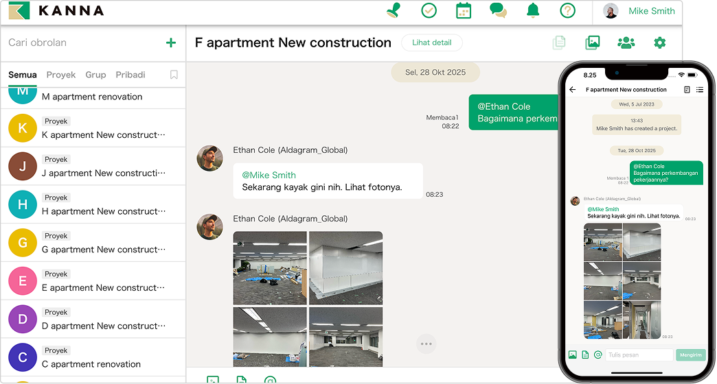 Platform komunikasi tim menggunakan manajemen proyek KANNA dengan ruang chat berdasarkan proyek serta fitur berbagi gambar.
