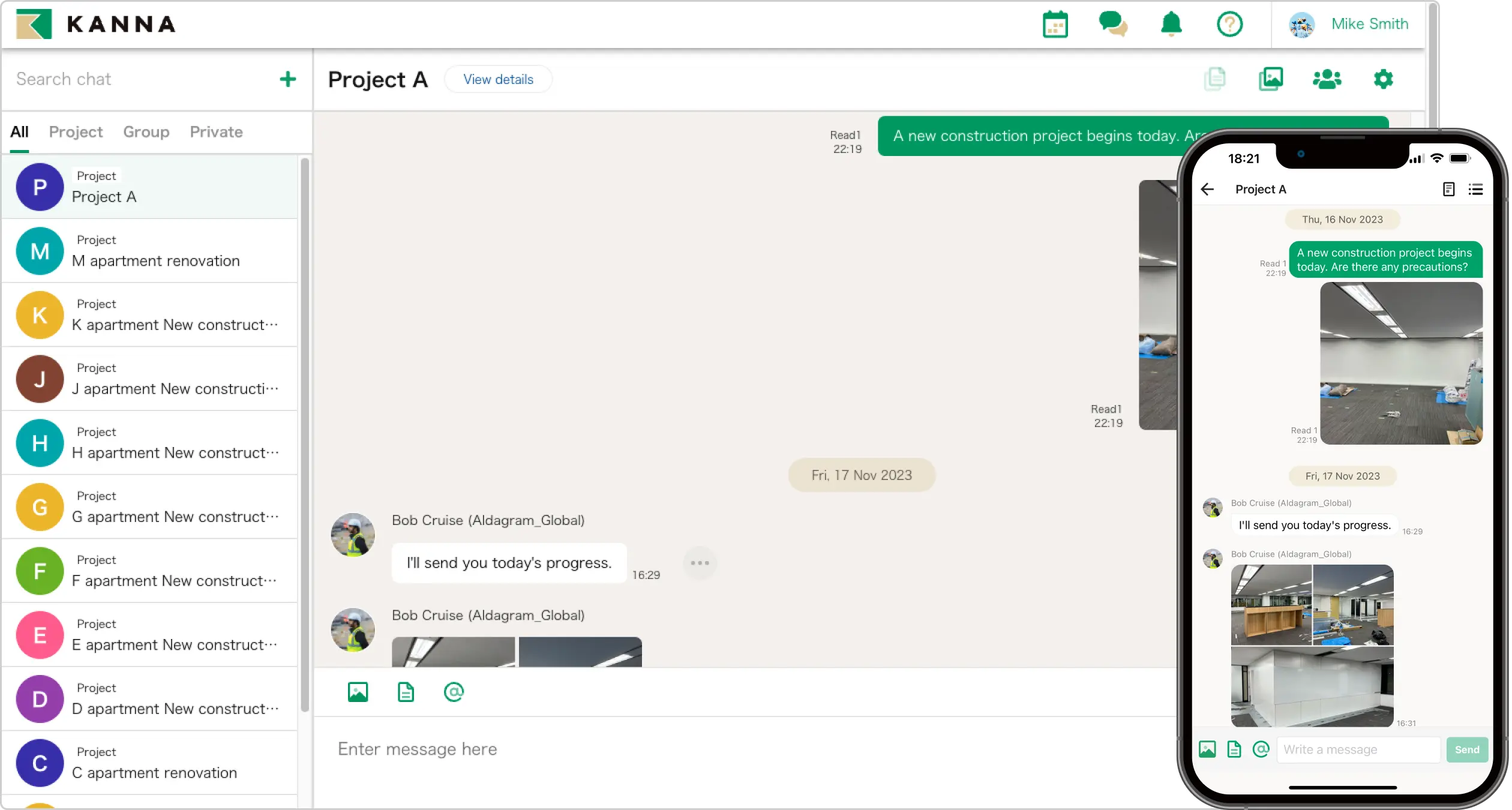 Platform komunikasi tim menggunakan manajemen proyek KANNA dengan ruang chat berdasarkan proyek serta fitur berbagi gambar.