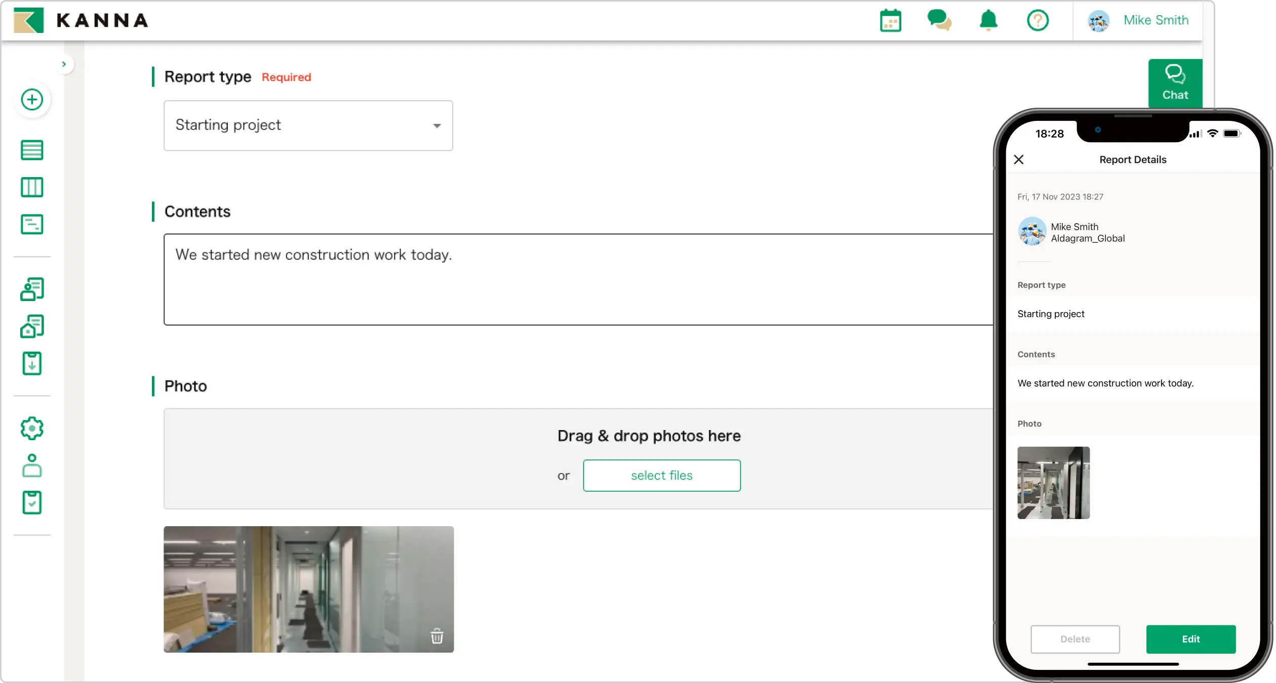 Antar muka pembuatan laporan KANNA proyek manajemen dengan fitur teks, foto dan mobile responsive untuk dokumentasi proyek.