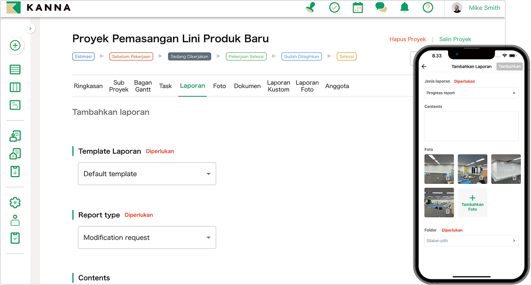 Antar muka pembuatan laporan KANNA proyek manajemen dengan fitur teks, foto dan mobile responsive untuk dokumentasi proyek.