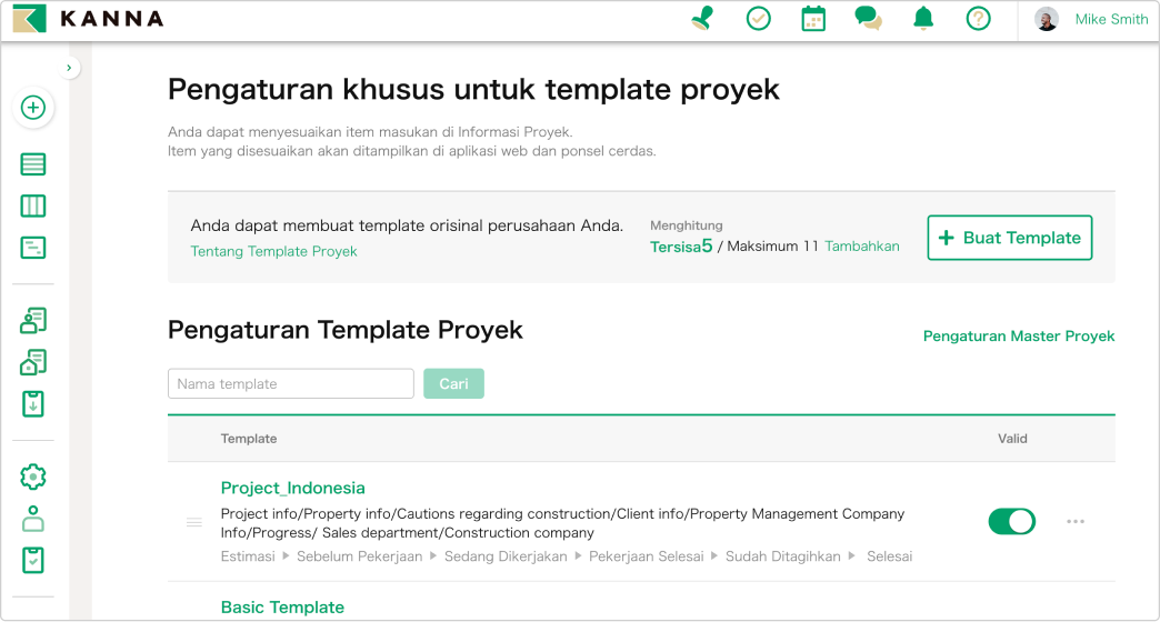 Antar muka kustomisasi proyek dengan template dasar dan pengaturan informasi menggunakan Kanna proyek manajemen.