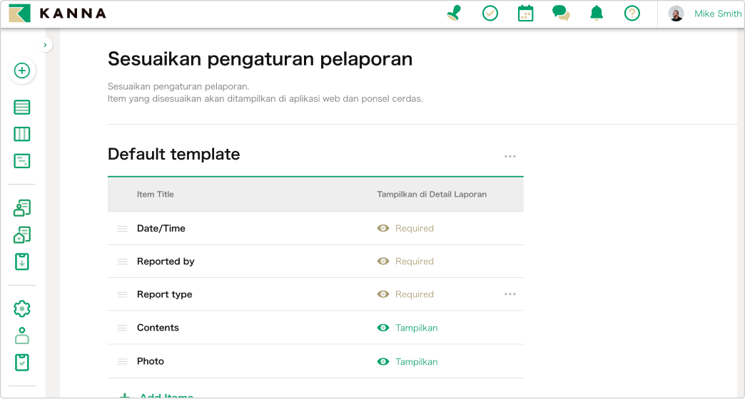 Antar muka kustomisasi laporan KANNA dengan pengaturan template default dan opsi personalisasi format laporan.