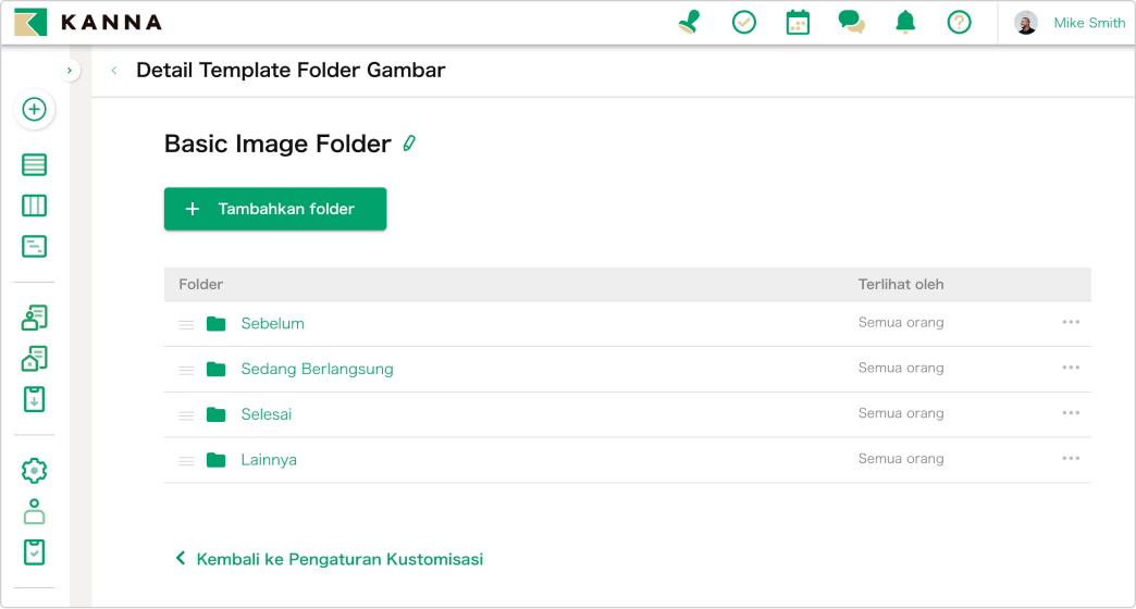 Antar muka KANNA proyek menajemen dengan folder template untuk organisasi proyek dan fitur grup untuk manajemen tim dengan pembagian anggota.