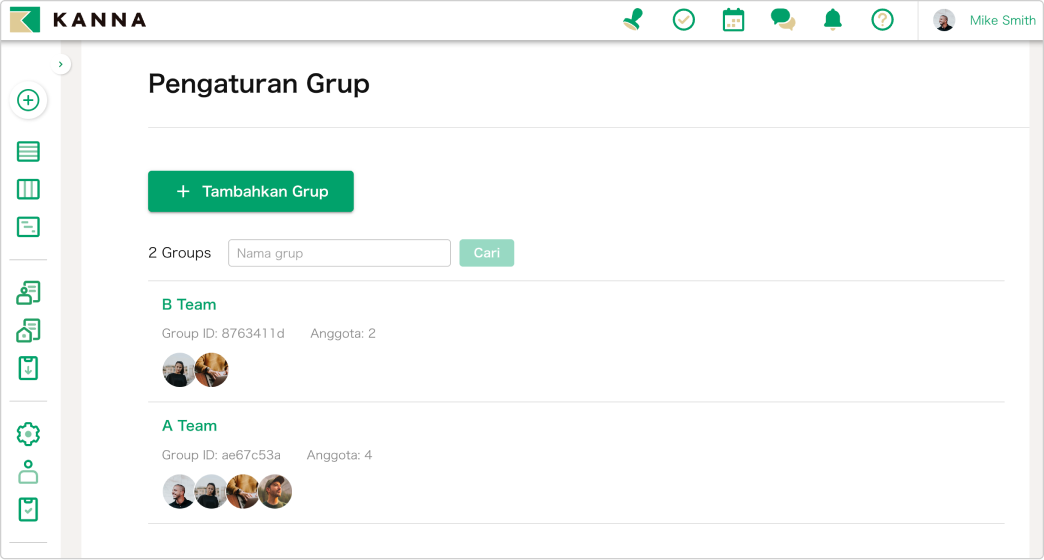 Antar muka KANNA proyek menajemen dengan folder template untuk organisasi proyek dan fitur grup untuk manajemen tim dengan pembagian anggota.