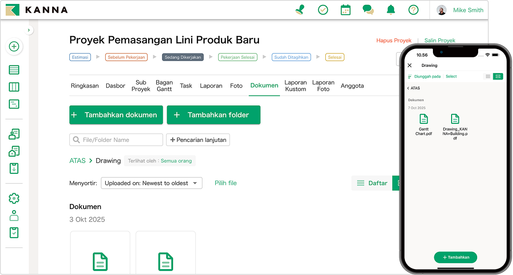 Interface KANNA project management menampilkan manajemen dokumen dengan fitur upload dengan tampilan mobile responsive design