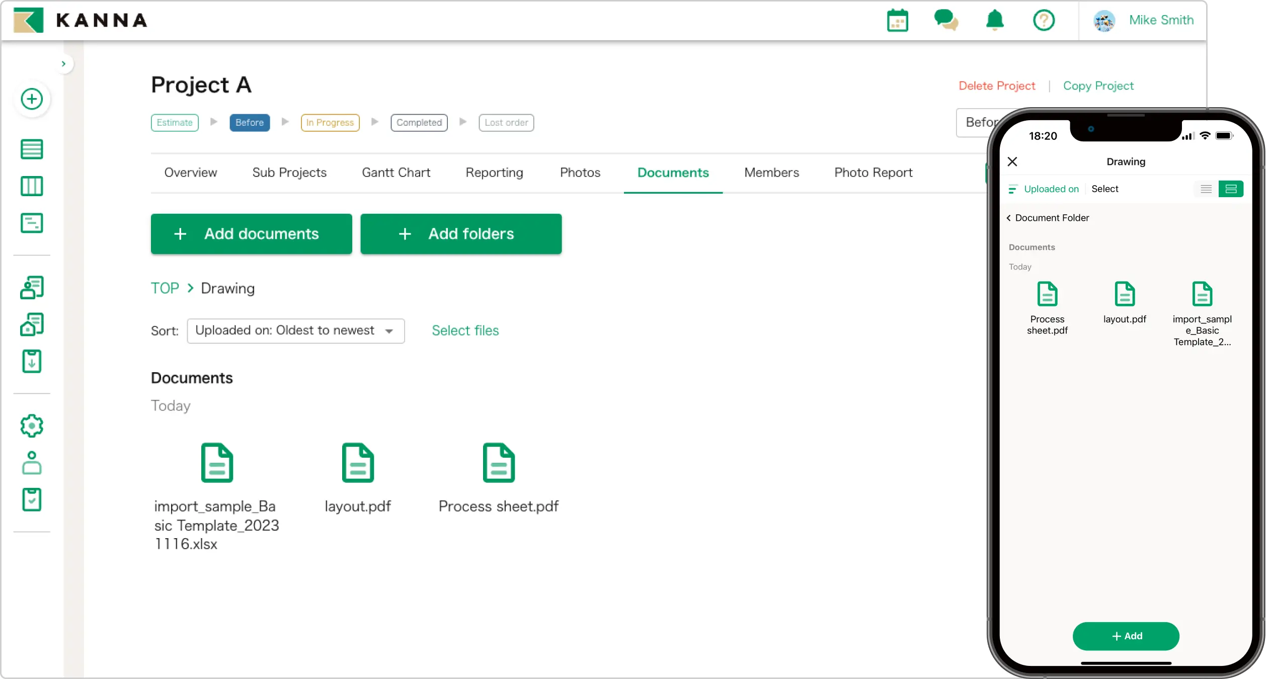 Interface KANNA project management menampilkan manajemen dokumen dengan fitur upload dengan tampilan mobile responsive design
