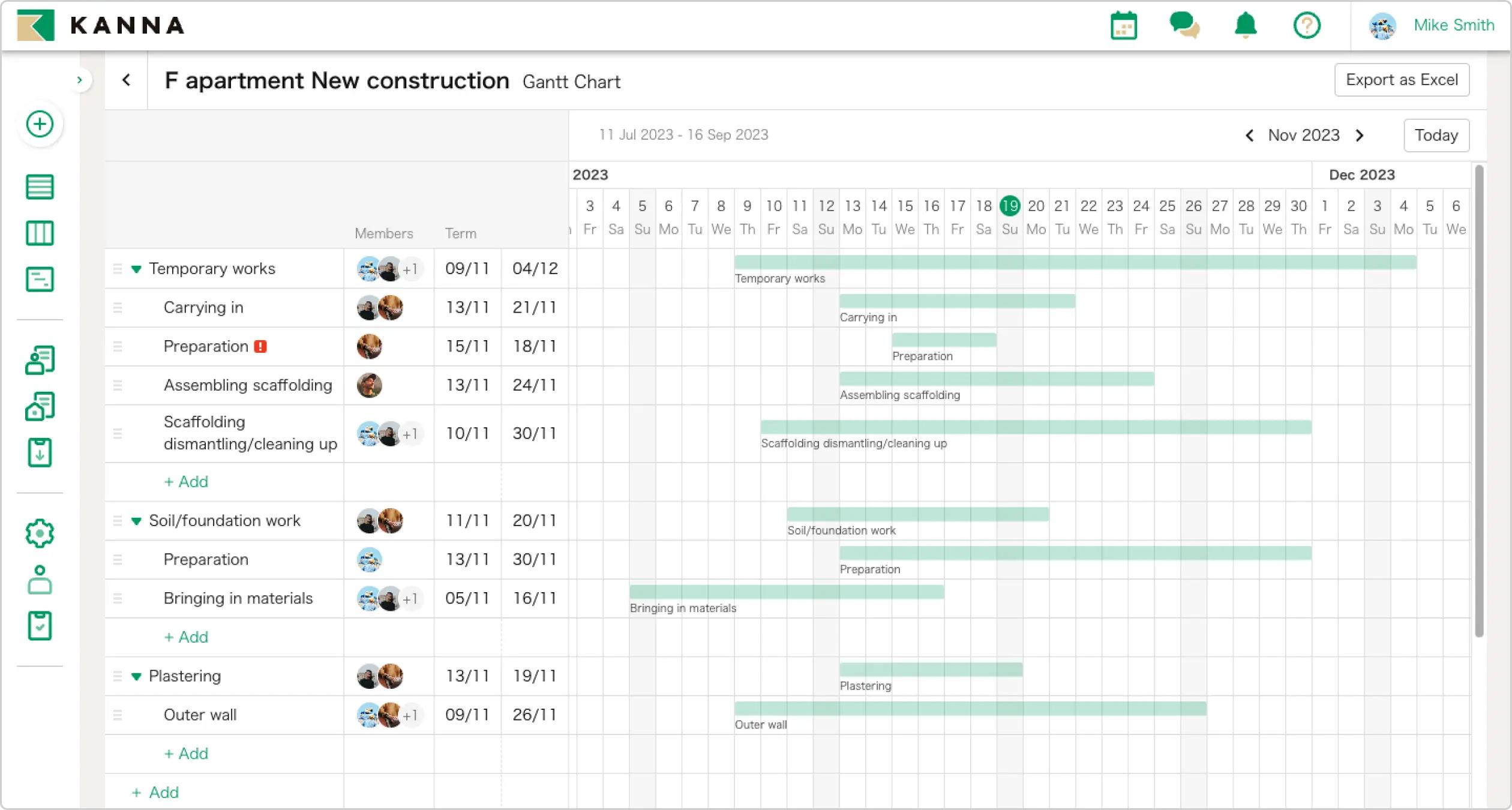 Bagan Gantt manajemen proyek konstruksi dengan timeline pekerjaan terstruktur menggunakan Kanna proyek manajemen.