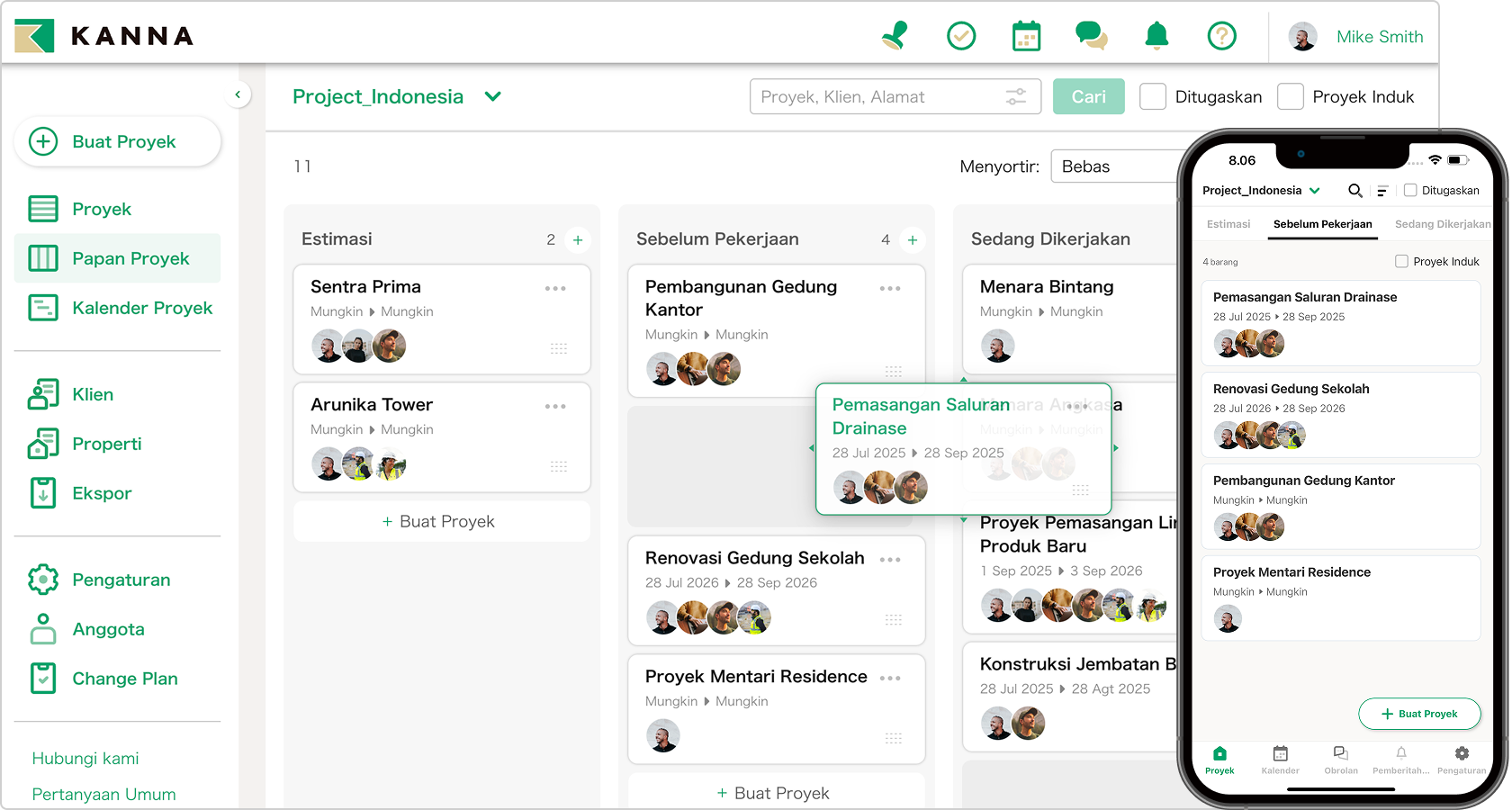 Aplikasi KANNA proyek manajemen dengan Kanban board untuk melacak progres proyek konstruksi apartemen