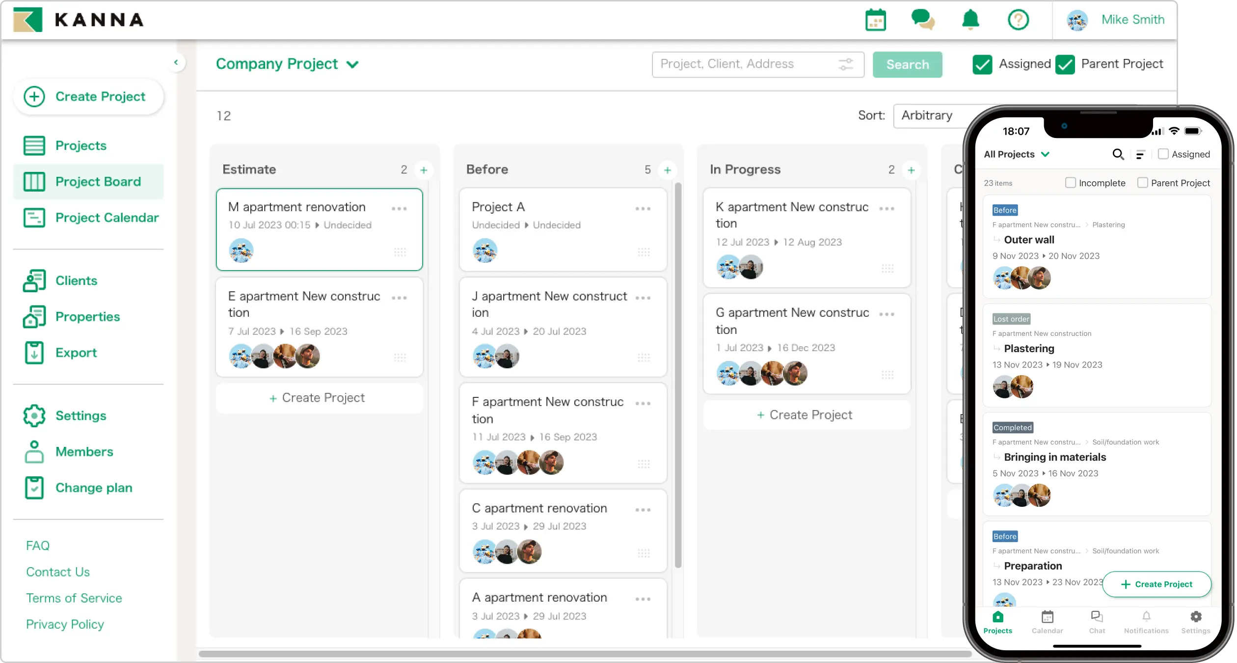 Aplikasi KANNA proyek manajemen dengan Kanban board untuk melacak progres proyek konstruksi apartemen