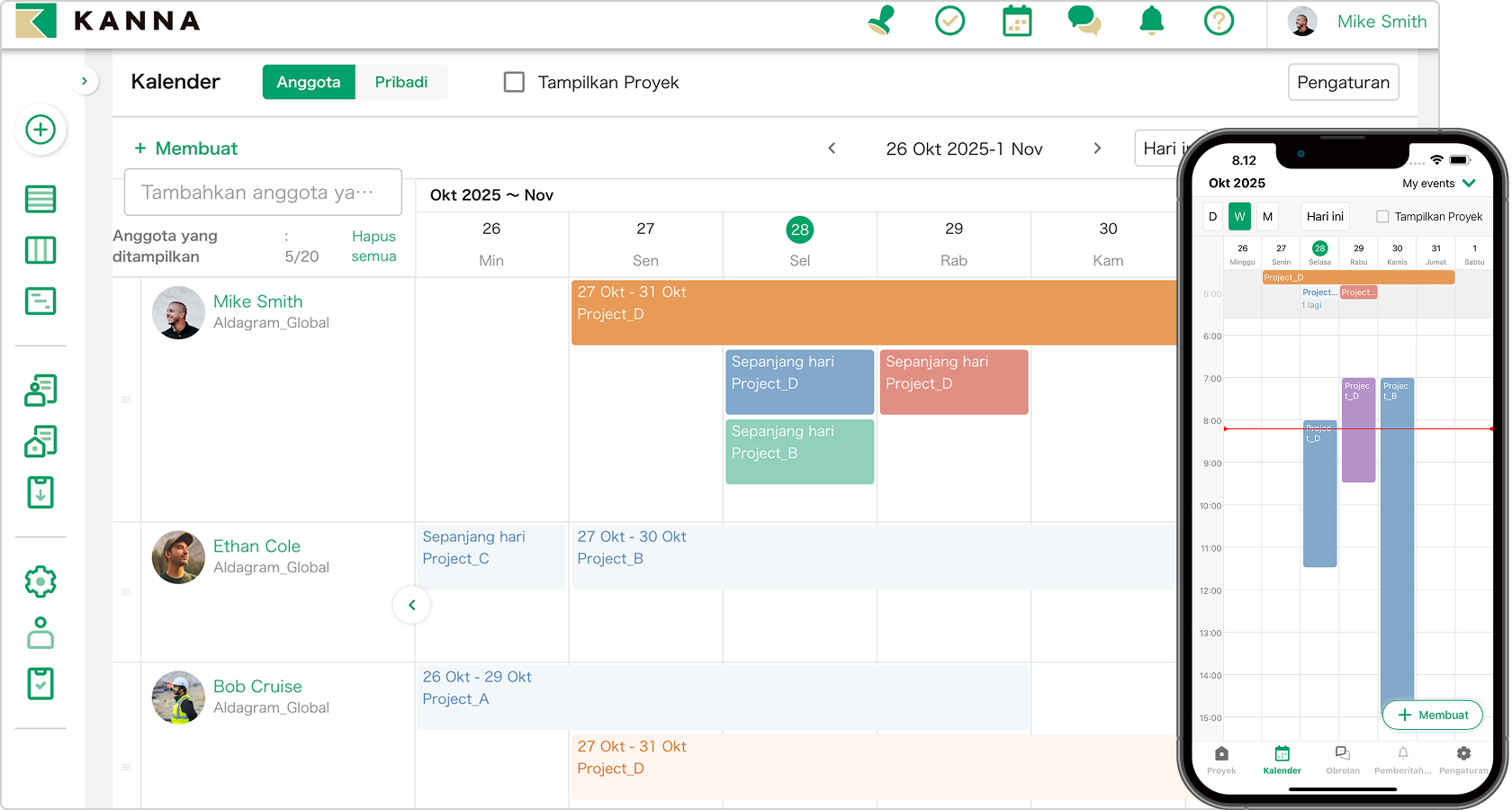 Antar muka KANNA project calendar menampilkan jadwal tim proyek konstruksi apartemen bulan Mei 2023.