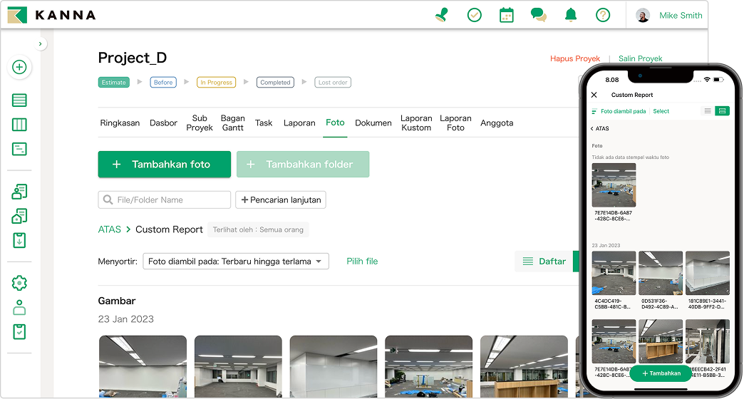 Galeri foto proyek konstruksi menggunakan KANNA proyek manajemen dengan fitur upload dan manajemen gambar untuk dokumentasi kemajuan proyek.