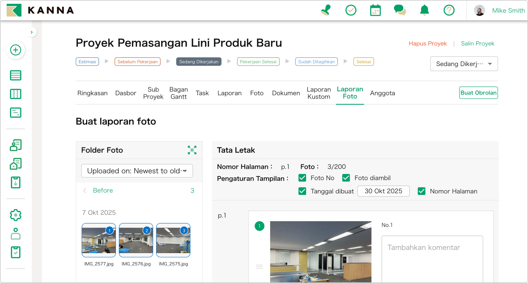 Tampilan antar muka KANNA Report Creation menampilkan progress dokumentasi konstruksi dengan foto dan form input.