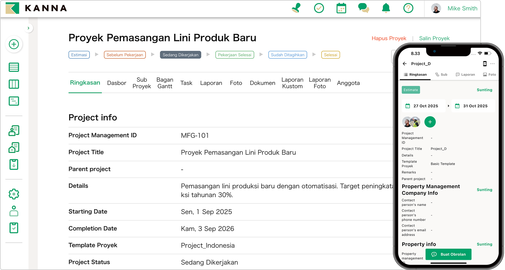 Detail proyek konstruksi G apartment di dashboard KANNA dengan status In Progress, timeline Juli-Desember 2023