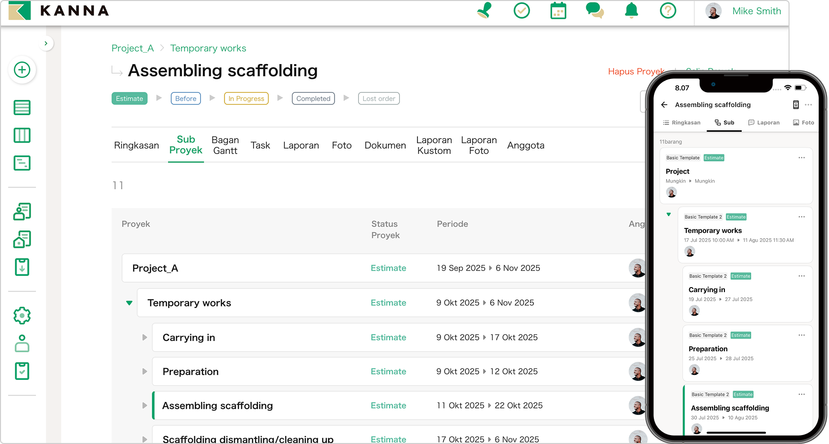 Antar muka KANNA sub-project management menampilkan tahapan detail proyek apartemen F dengan status dan timeline di setiap fase konstruksi.