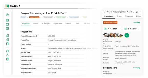 Antar muka KANNA proyek manajemen menampilkan info lengkap proyek dan properti details untuk proyek konstruksi.