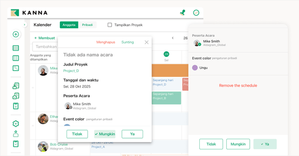 Tambahkan acara untuk anggota internal dan eksternal di kalender 
Beritahu apakah Anda dapat berpartisipasi atau tidak.