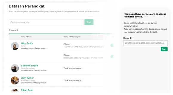 Dashboard sistem keamanan KANNA menampilkan member tracking dengan device monitoring iPhone/iPad dan toggle security settings.