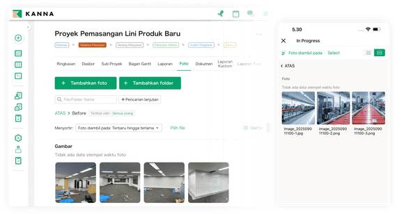 Dashboard antar muka Kanna manajemen proyek outer wall dengan galeri foto konstruksi dan progress pembangunan.